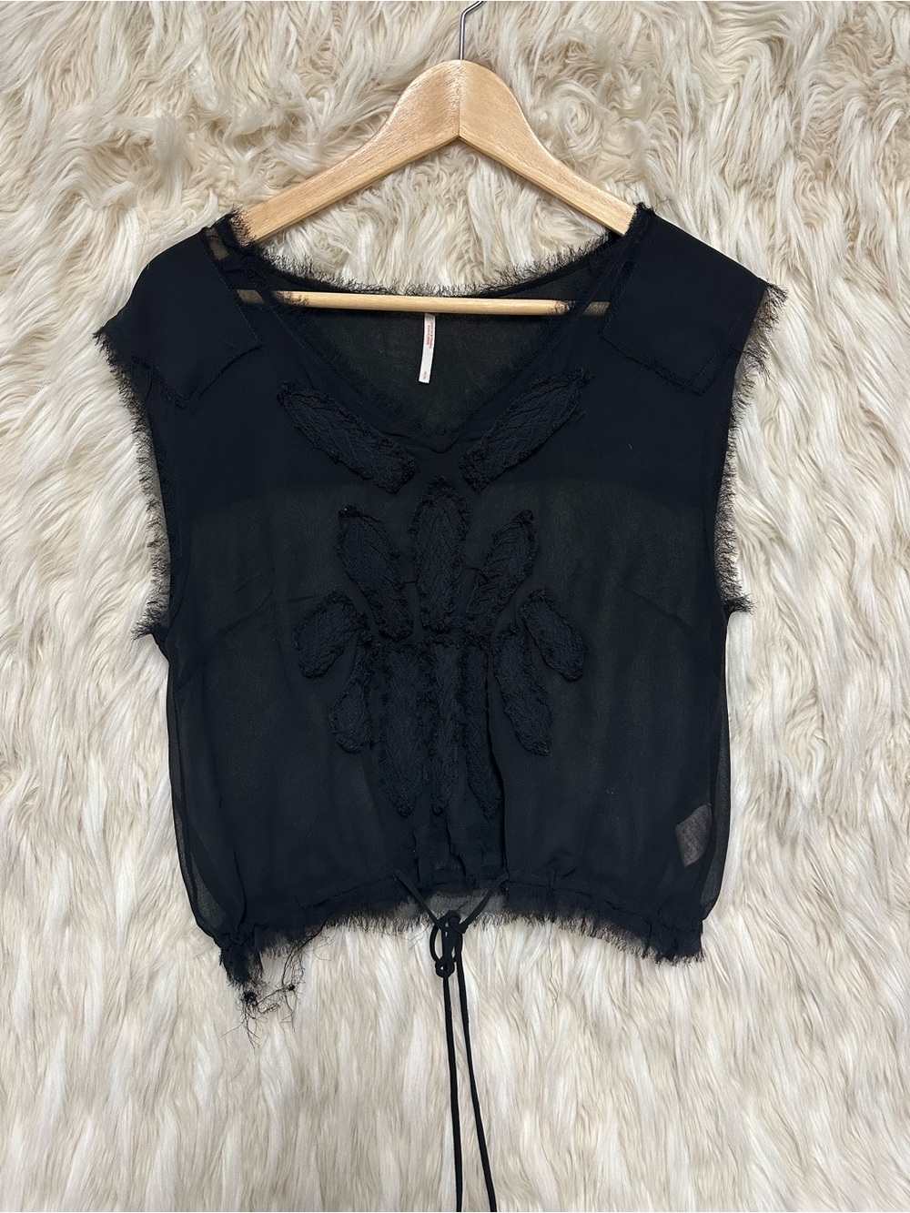 Free People Black Sheer Embroidered Floral Top Size S/P Boho Gothic